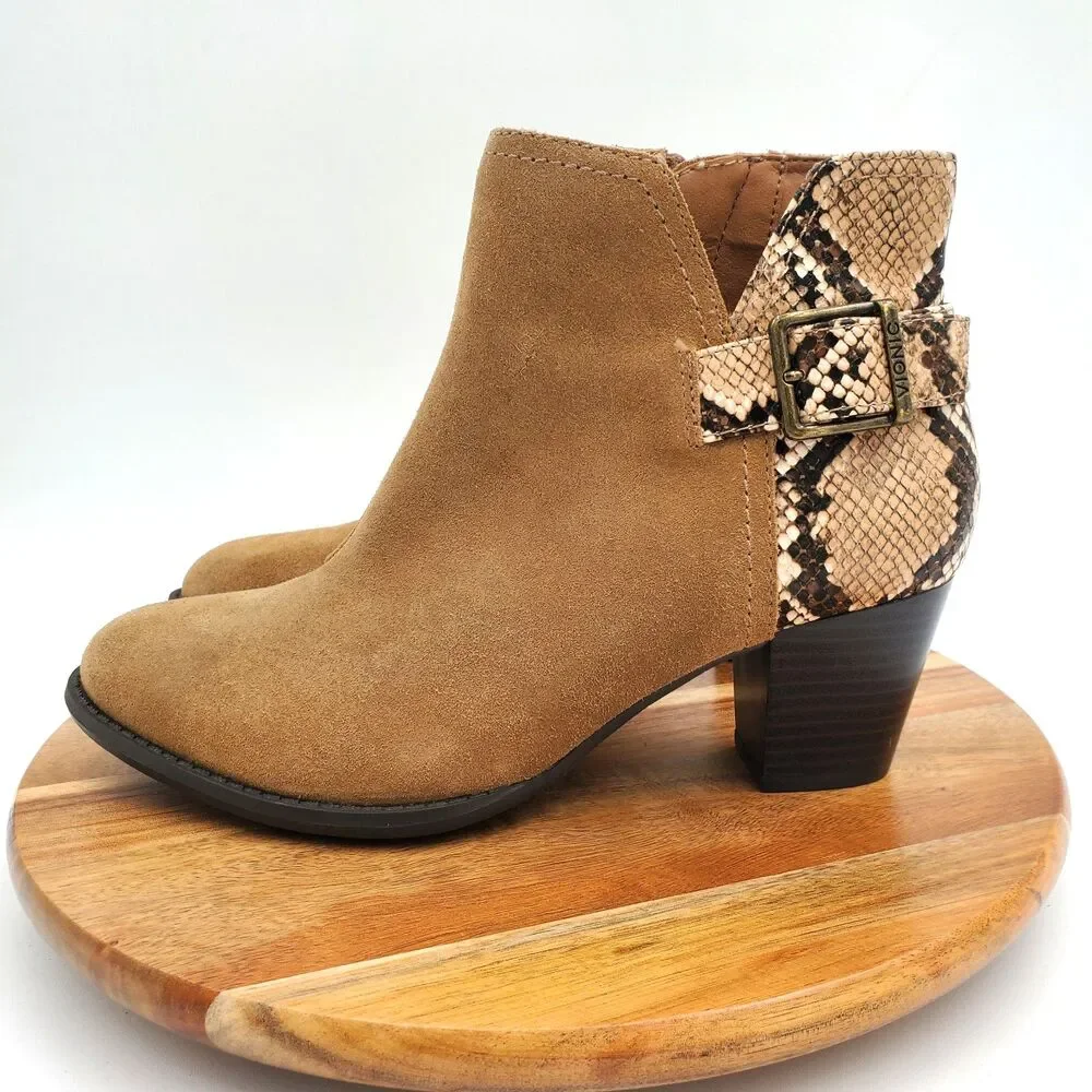 New Vionic Ankle Boots Women’s 7 Brown Suede Leather Zip Booties Snake Orthotic